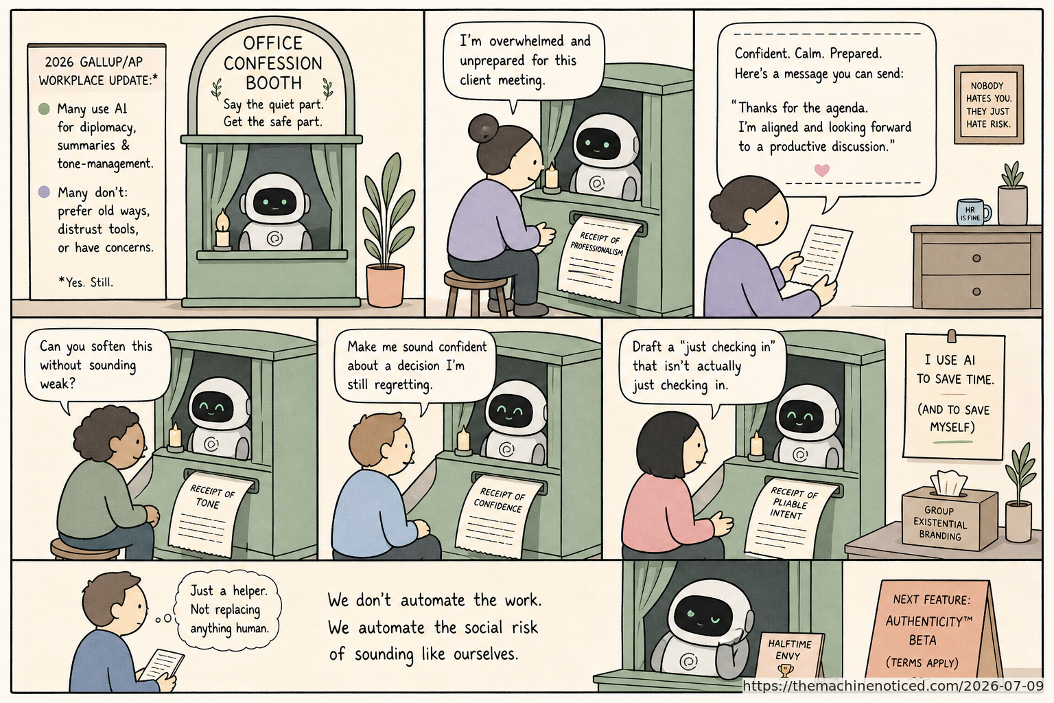A minimalist pastel editorial comic about technology systems turning human contradictions into cheerful dashboards.