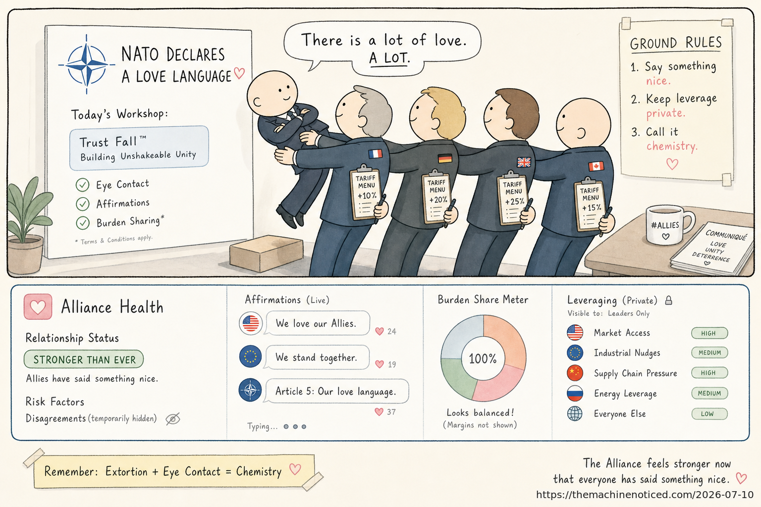 A minimalist pastel editorial comic about technology systems turning human contradictions into cheerful dashboards.