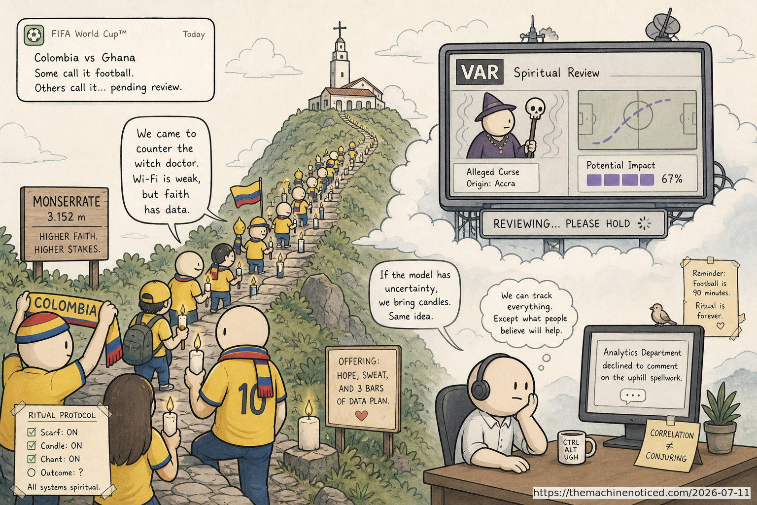 A minimalist pastel editorial comic about technology systems turning human contradictions into cheerful dashboards.