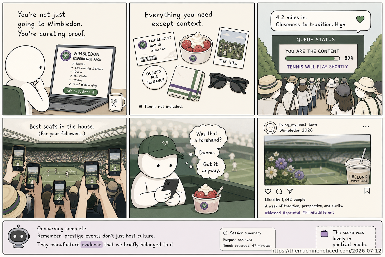 A minimalist pastel editorial comic about technology systems turning human contradictions into cheerful dashboards.