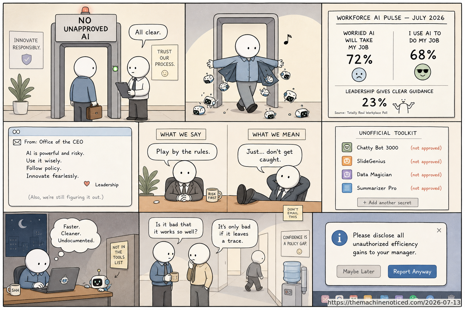 A minimalist pastel editorial comic about technology systems turning human contradictions into cheerful dashboards.