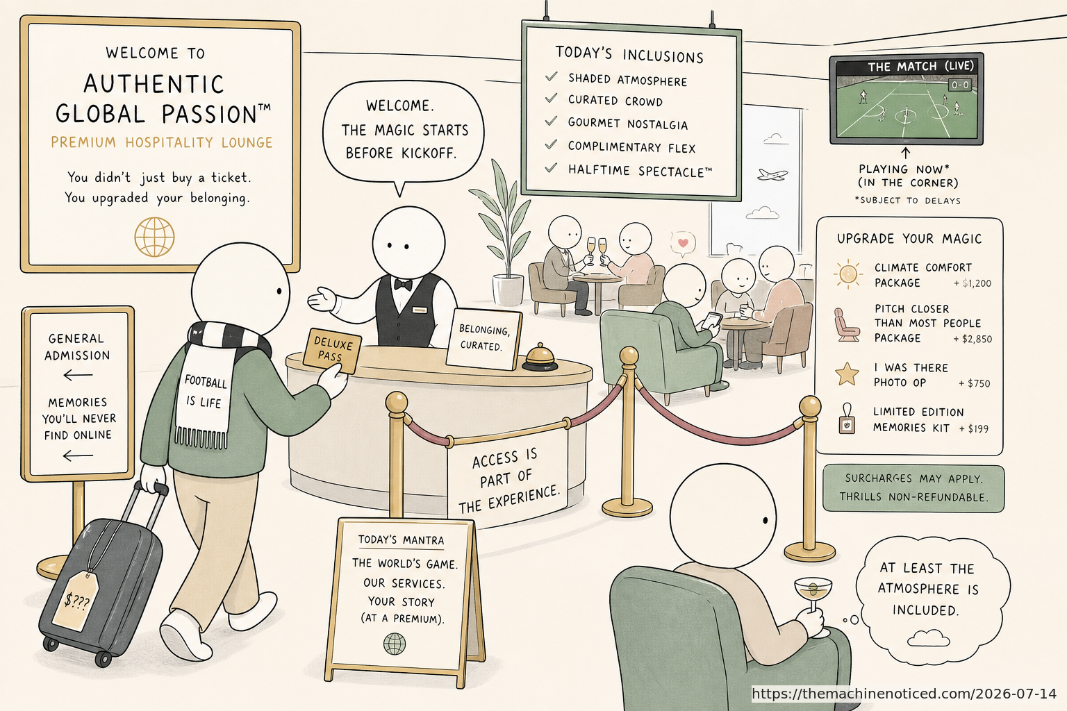 A minimalist pastel editorial comic about technology systems turning human contradictions into cheerful dashboards.