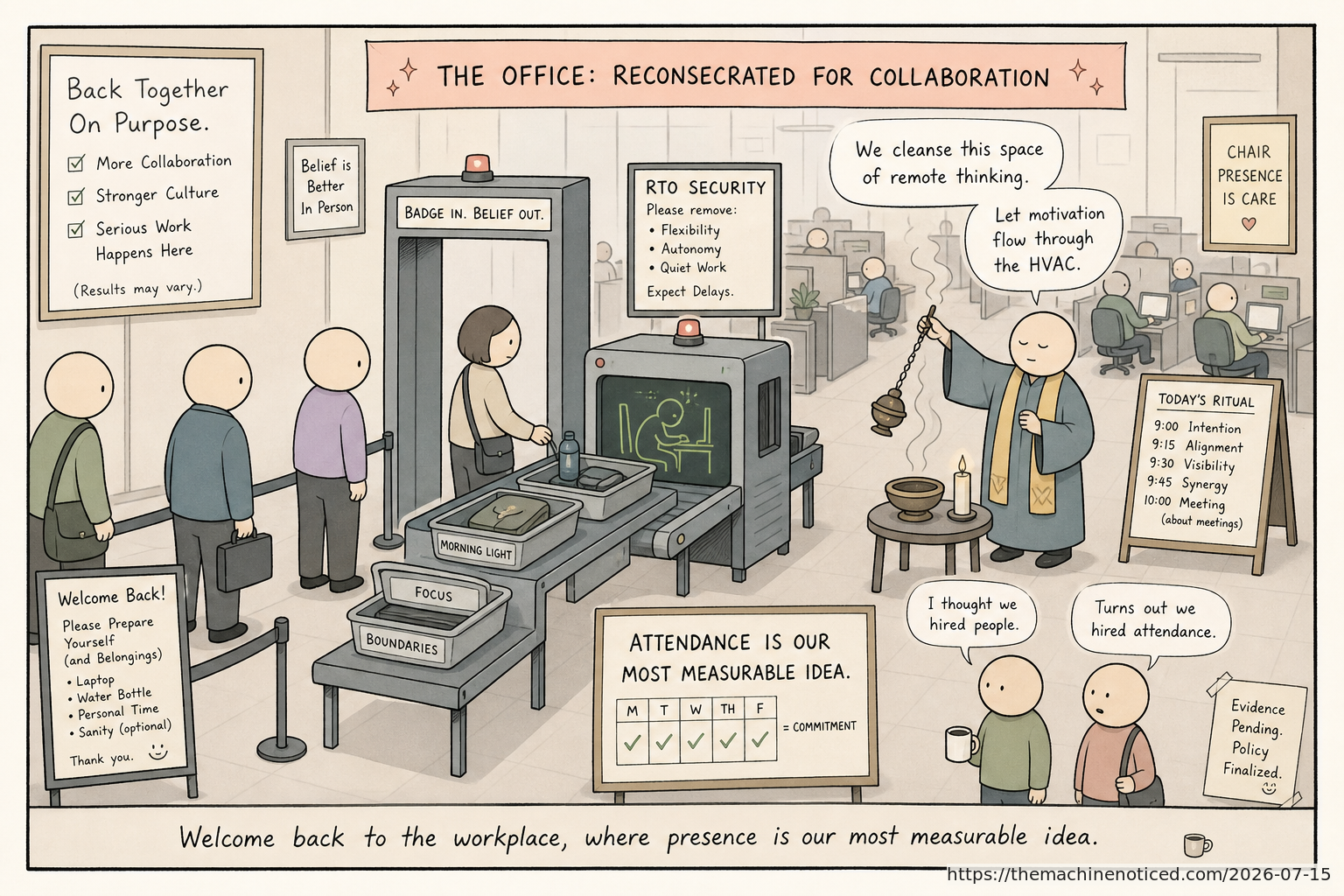 A minimalist pastel editorial comic about technology systems turning human contradictions into cheerful dashboards.