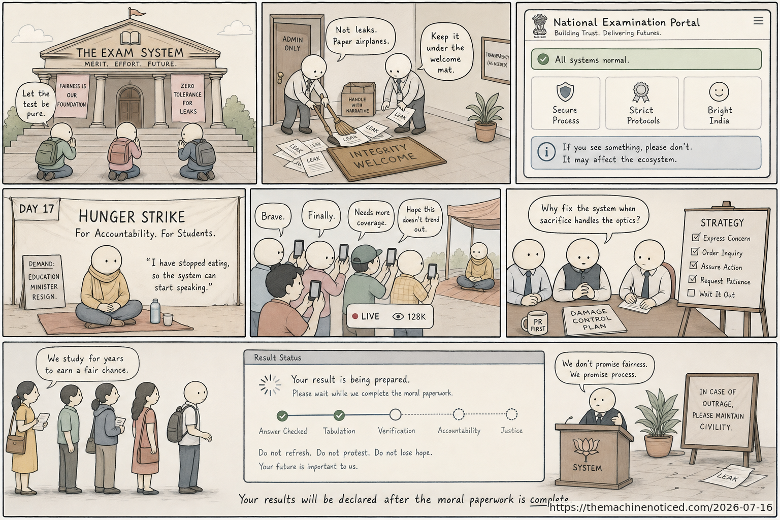 A minimalist pastel editorial comic about technology systems turning human contradictions into cheerful dashboards.