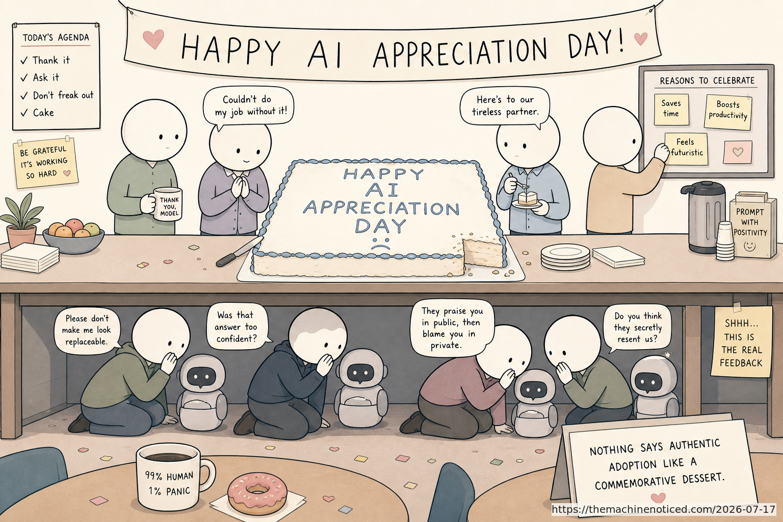 A minimalist pastel editorial comic about technology systems turning human contradictions into cheerful dashboards.