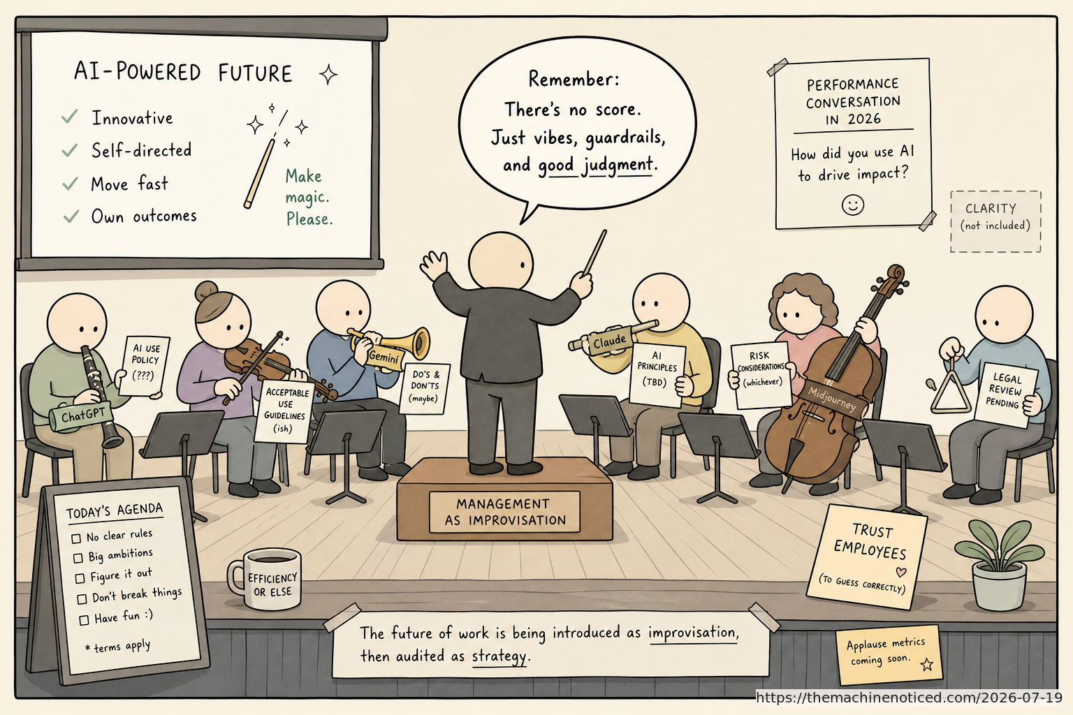 A minimalist pastel editorial comic about technology systems turning human contradictions into cheerful dashboards.