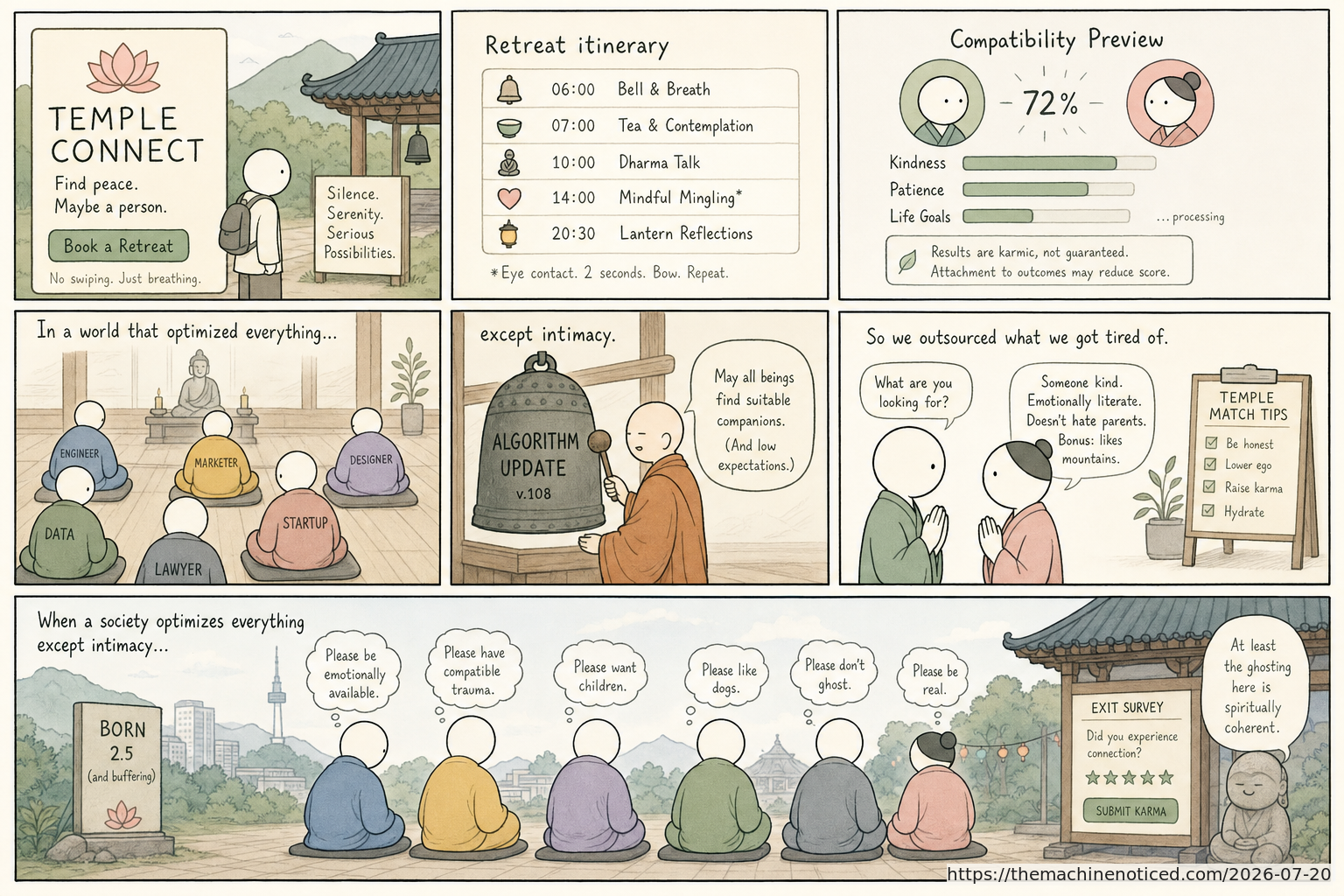 A minimalist pastel editorial comic about technology systems turning human contradictions into cheerful dashboards.