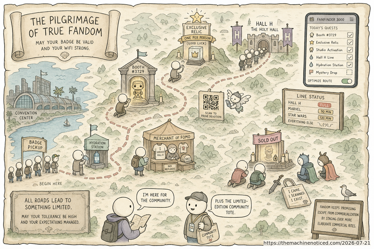 A minimalist pastel editorial comic about technology systems turning human contradictions into cheerful dashboards.