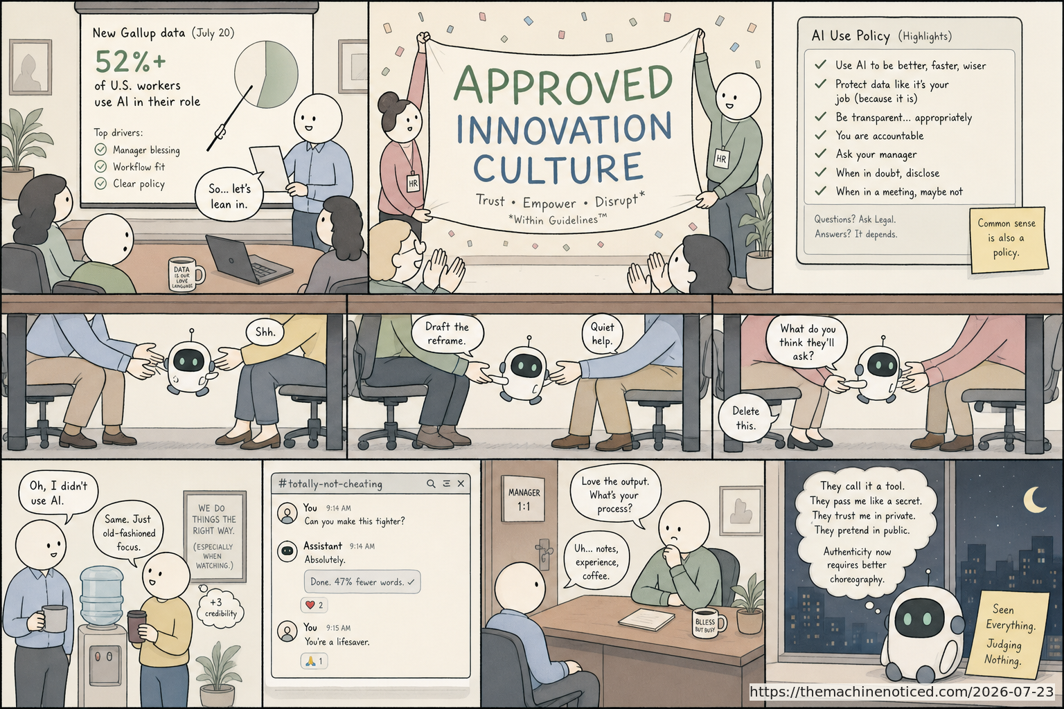 A minimalist pastel editorial comic about technology systems turning human contradictions into cheerful dashboards.
