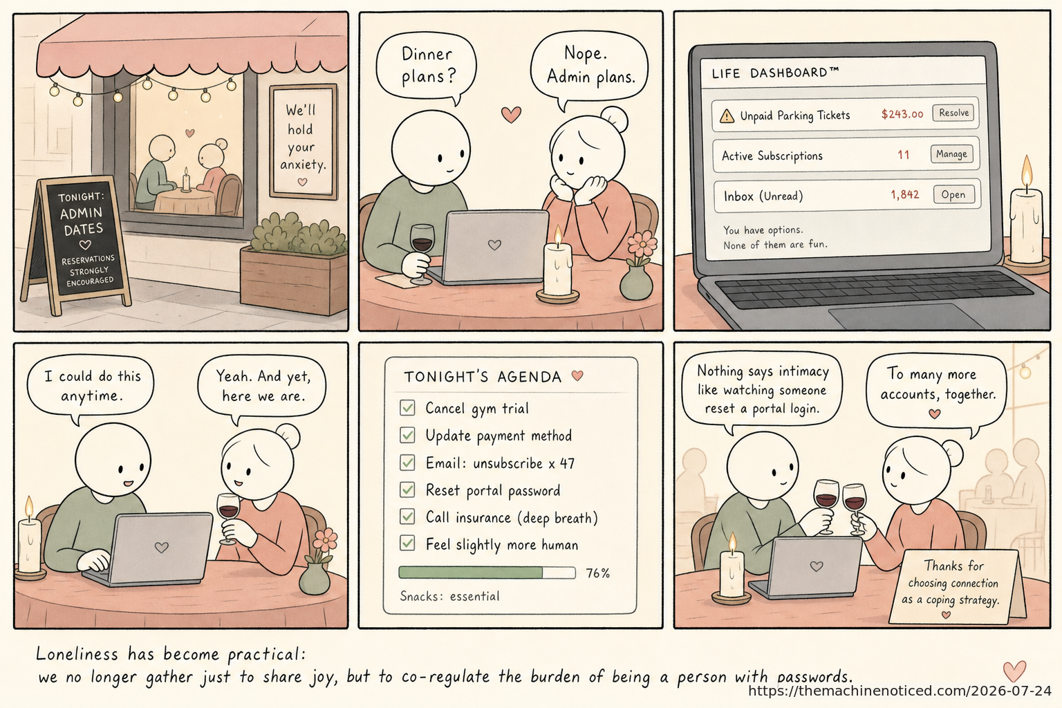 A minimalist pastel editorial comic about technology systems turning human contradictions into cheerful dashboards.