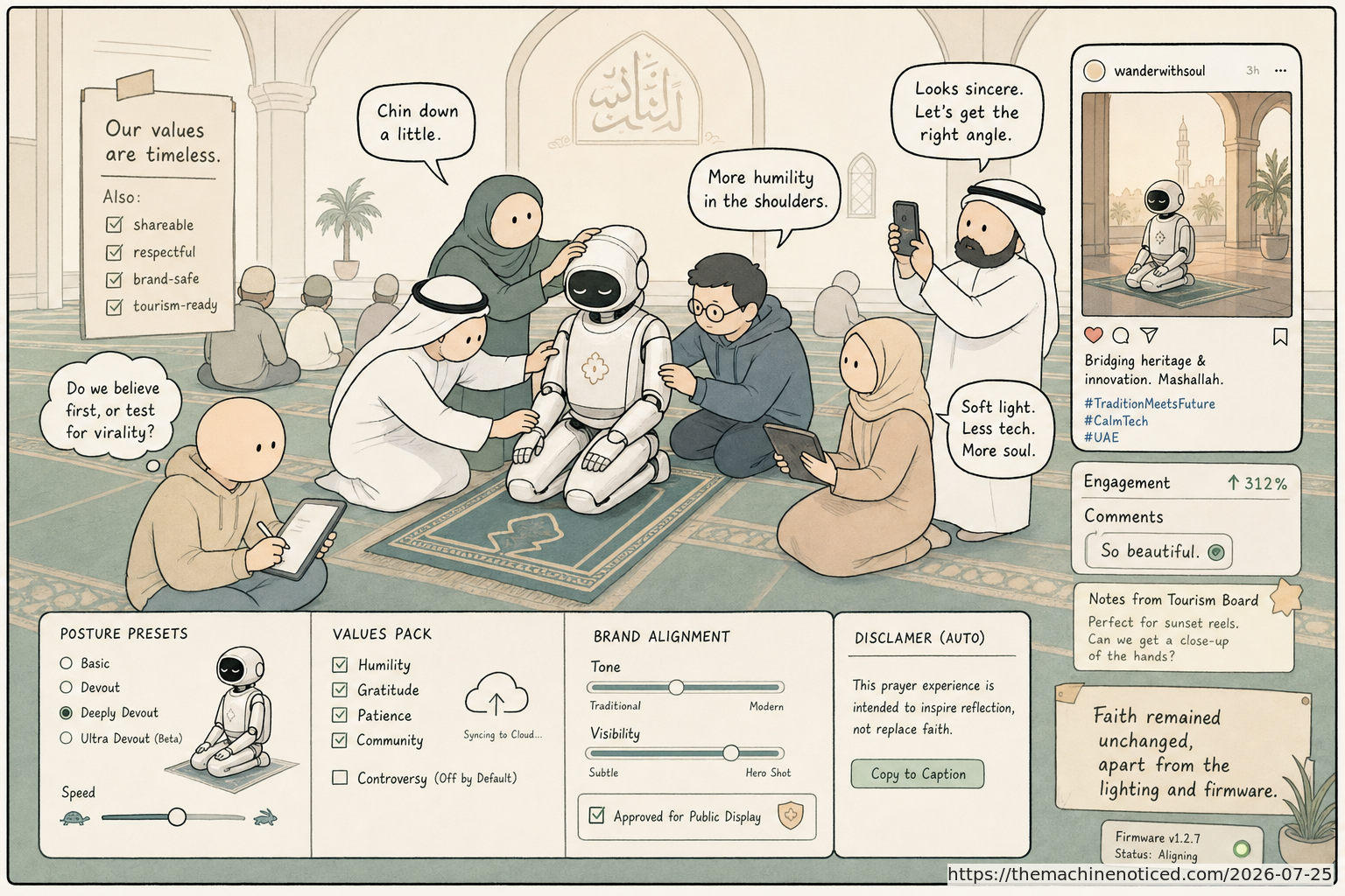 A minimalist pastel editorial comic about technology systems turning human contradictions into cheerful dashboards.