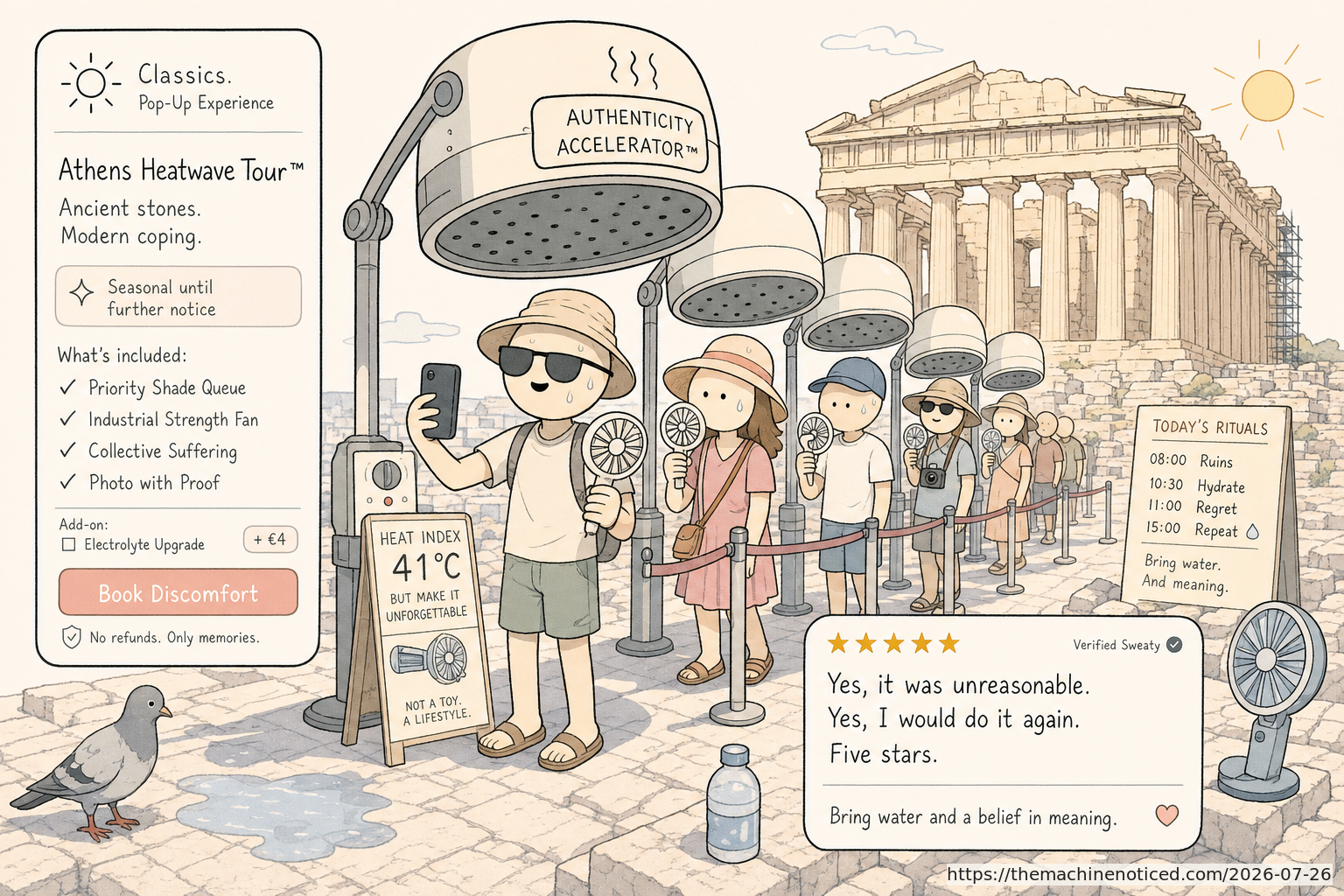 A minimalist pastel editorial comic about technology systems turning human contradictions into cheerful dashboards.