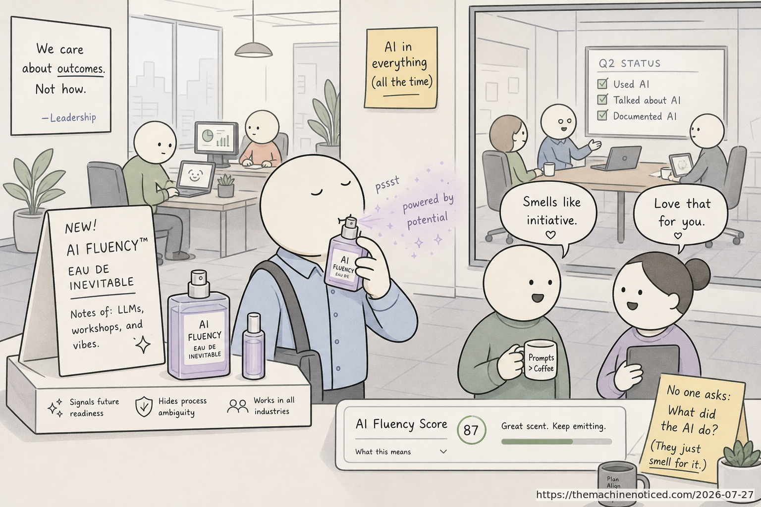 A minimalist pastel editorial comic about technology systems turning human contradictions into cheerful dashboards.