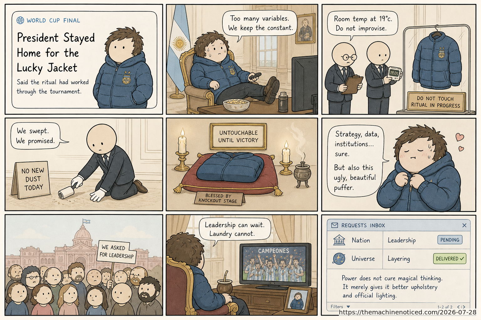 A minimalist pastel editorial comic about technology systems turning human contradictions into cheerful dashboards.