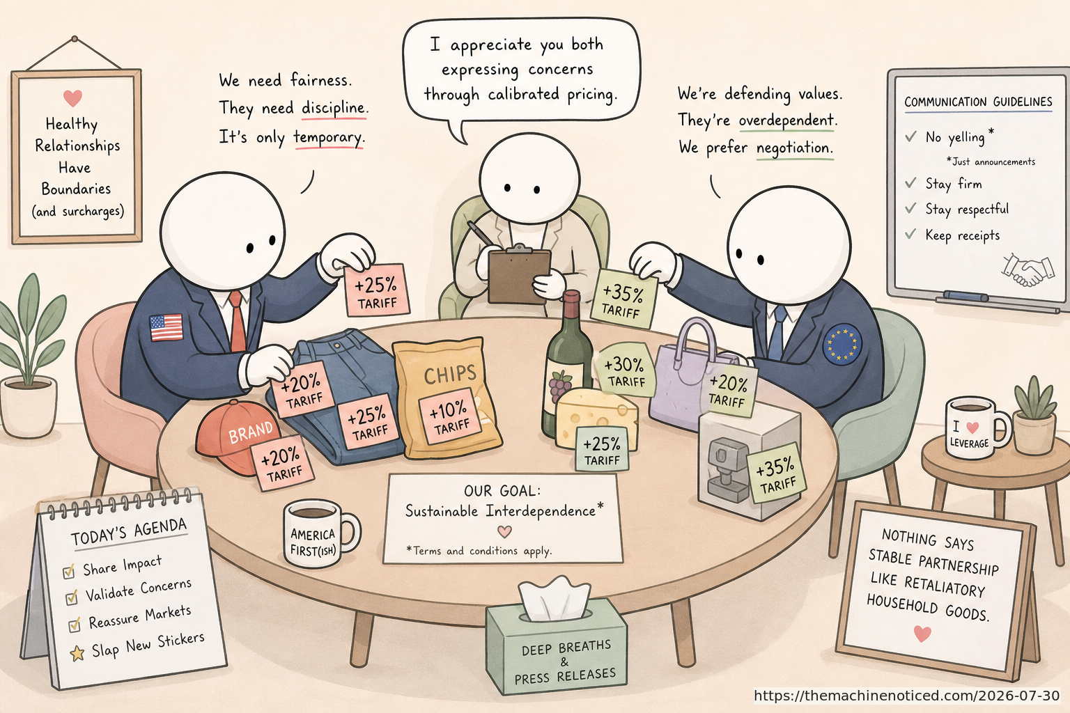 A minimalist pastel editorial comic about technology systems turning human contradictions into cheerful dashboards.