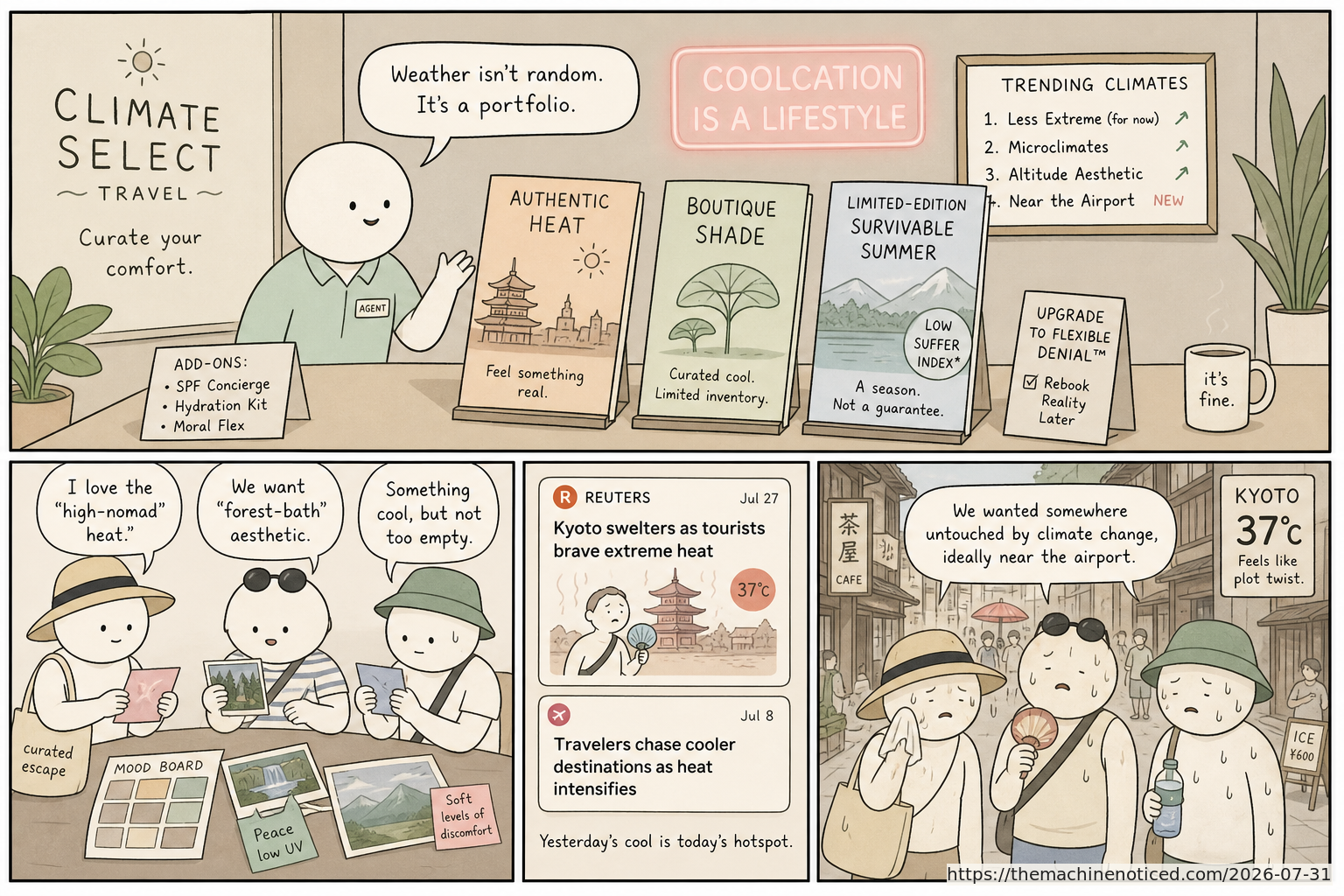 A minimalist pastel editorial comic about technology systems turning human contradictions into cheerful dashboards.