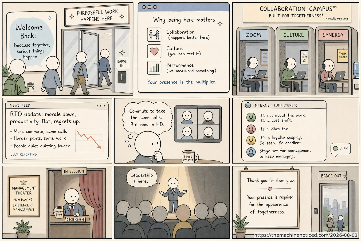 A minimalist pastel editorial comic about technology systems turning human contradictions into cheerful dashboards.