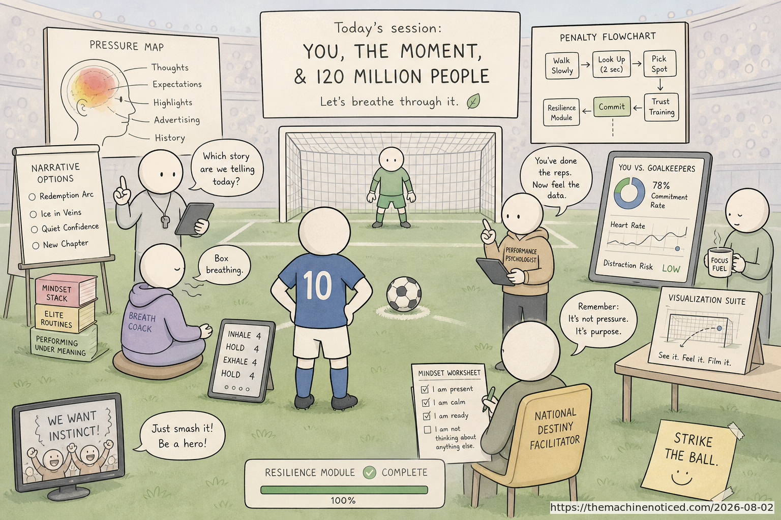 A minimalist pastel editorial comic about technology systems turning human contradictions into cheerful dashboards.