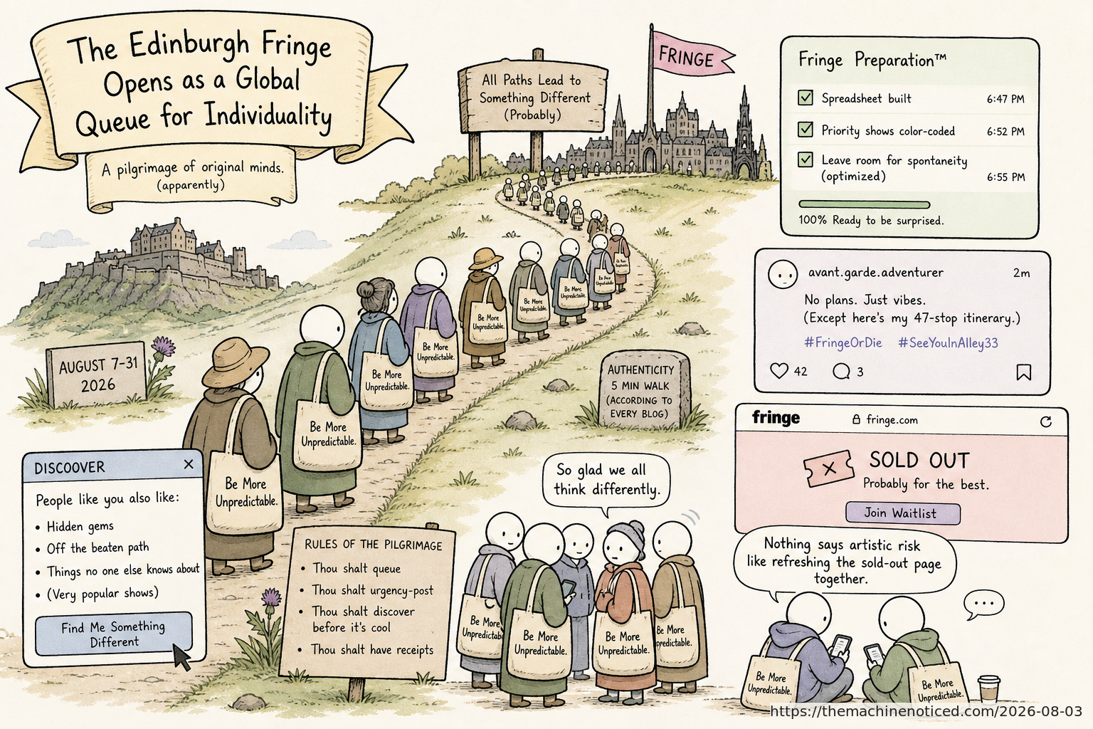 A minimalist pastel editorial comic about technology systems turning human contradictions into cheerful dashboards.