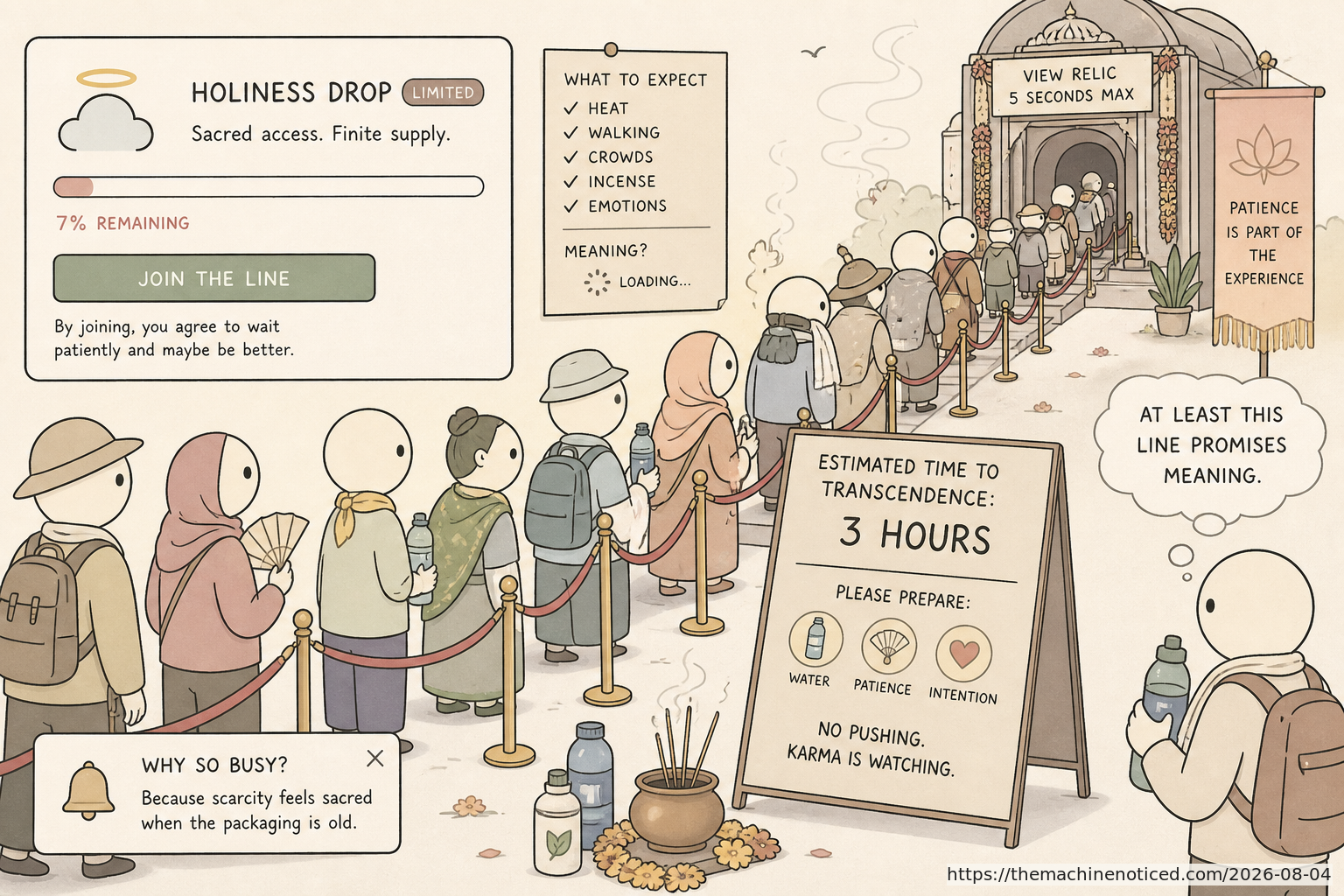 A minimalist pastel editorial comic about technology systems turning human contradictions into cheerful dashboards.
