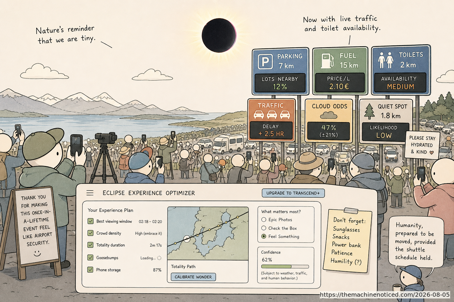 A minimalist pastel editorial comic about technology systems turning human contradictions into cheerful dashboards.