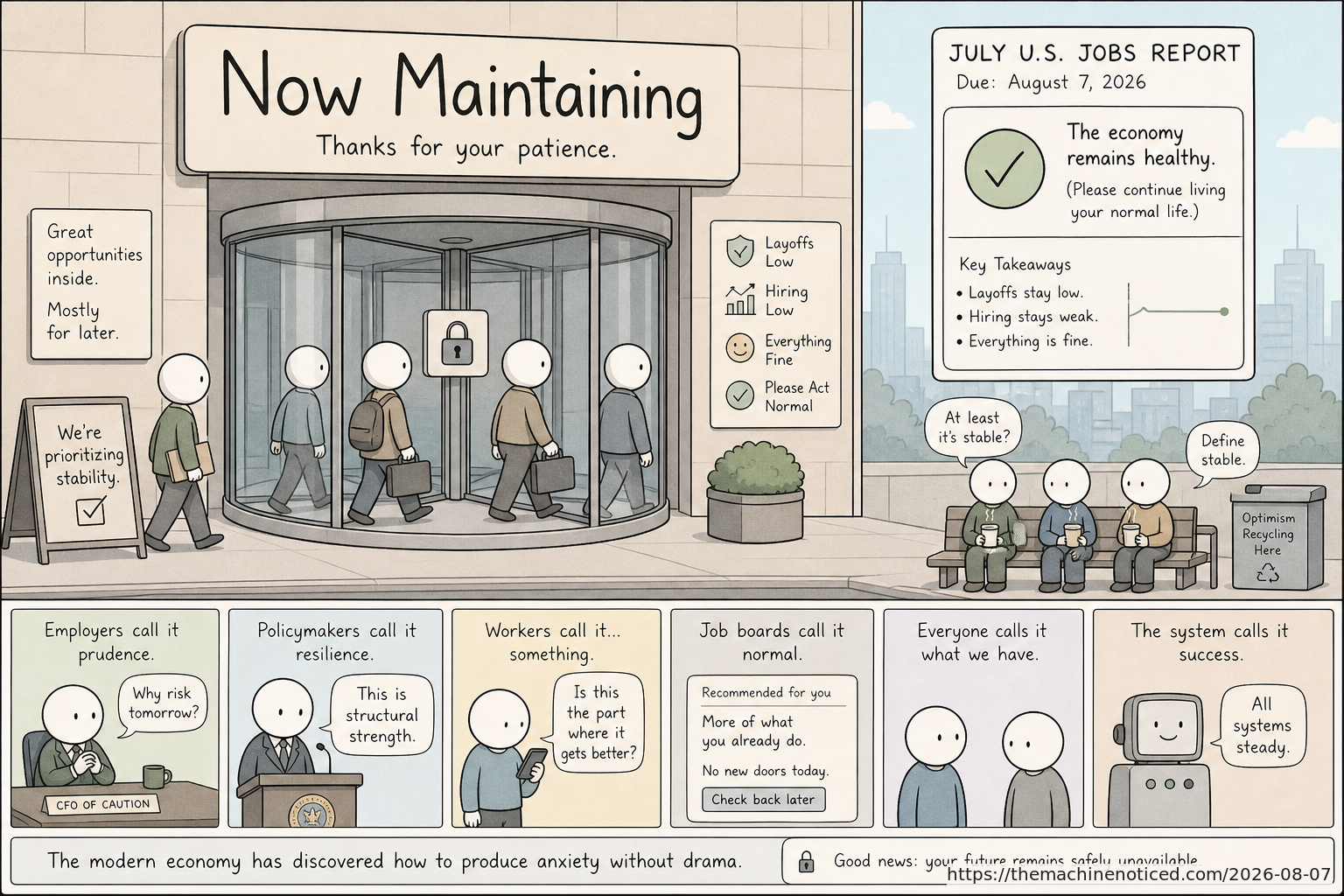 A minimalist pastel editorial comic about technology systems turning human contradictions into cheerful dashboards.
