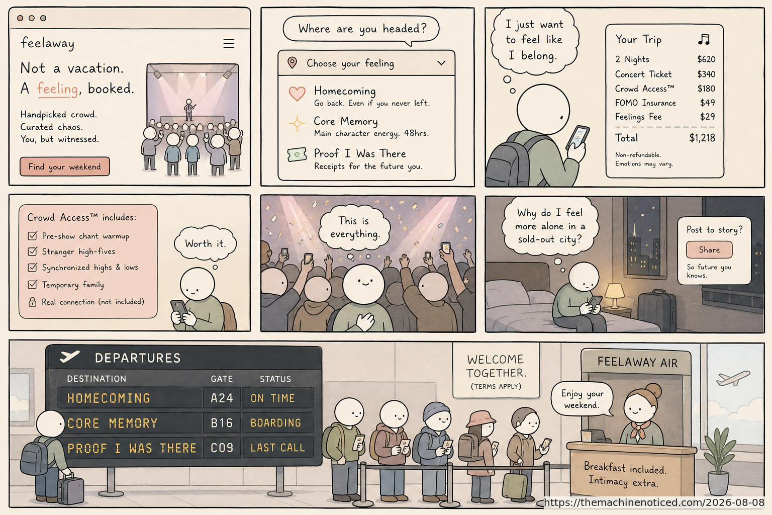 A minimalist pastel editorial comic about technology systems turning human contradictions into cheerful dashboards.