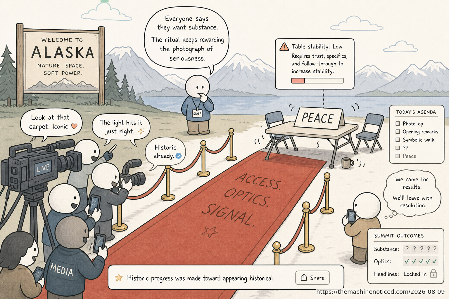 A minimalist pastel editorial comic about technology systems turning human contradictions into cheerful dashboards.