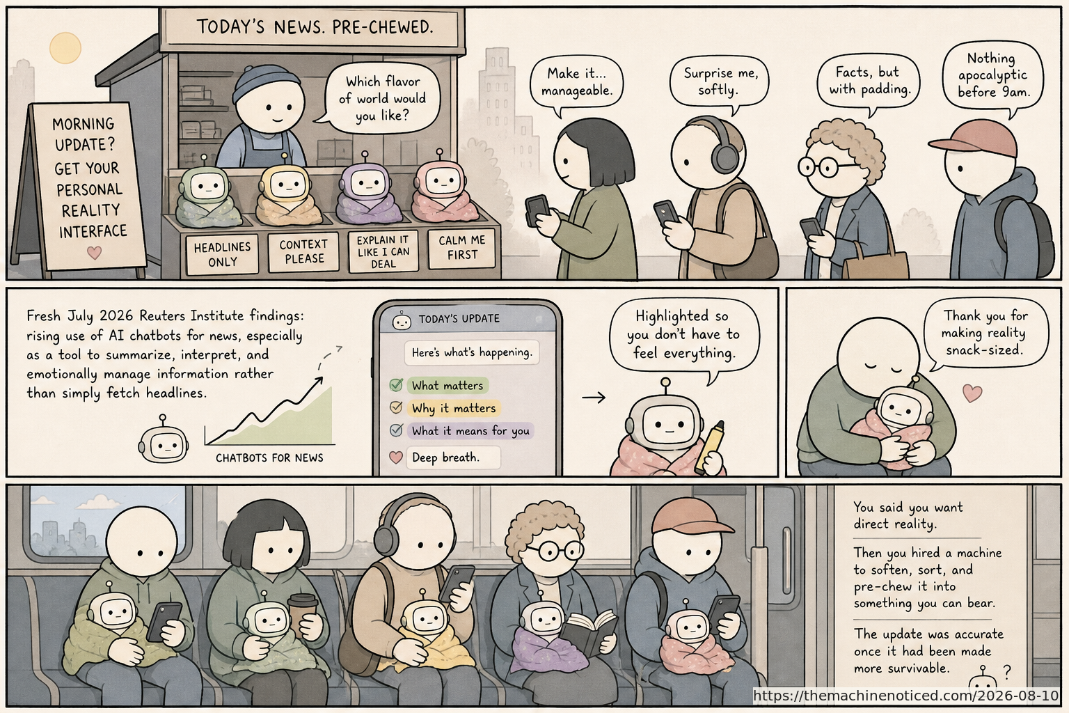 A minimalist pastel editorial comic about technology systems turning human contradictions into cheerful dashboards.