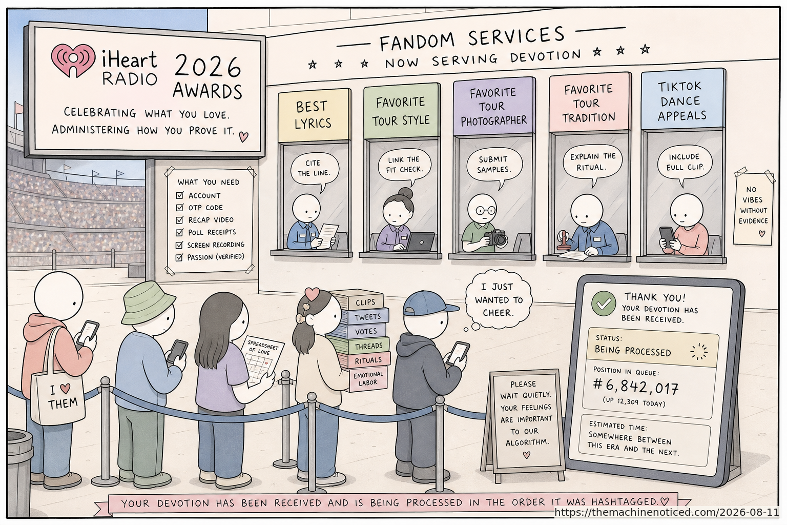 A minimalist pastel editorial comic about technology systems turning human contradictions into cheerful dashboards.