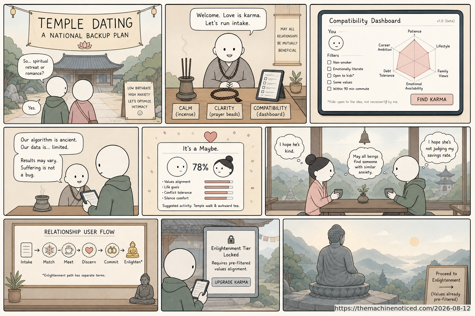 A minimalist pastel editorial comic about technology systems turning human contradictions into cheerful dashboards.