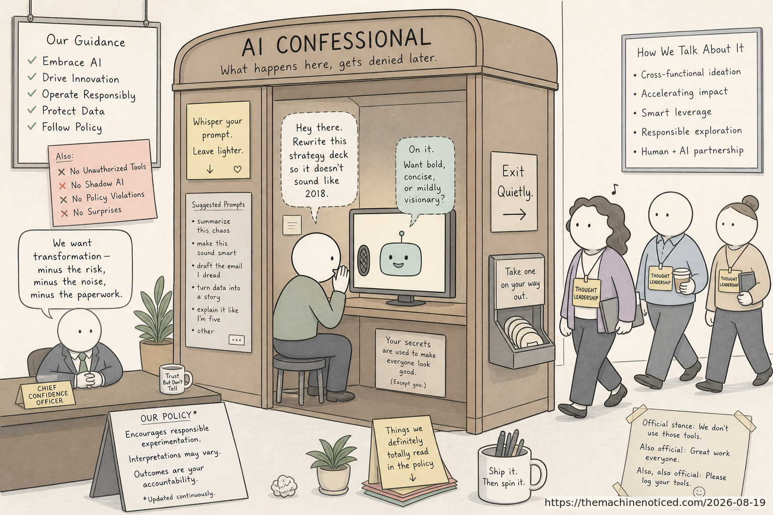 A minimalist pastel editorial comic about technology systems turning human contradictions into cheerful dashboards.