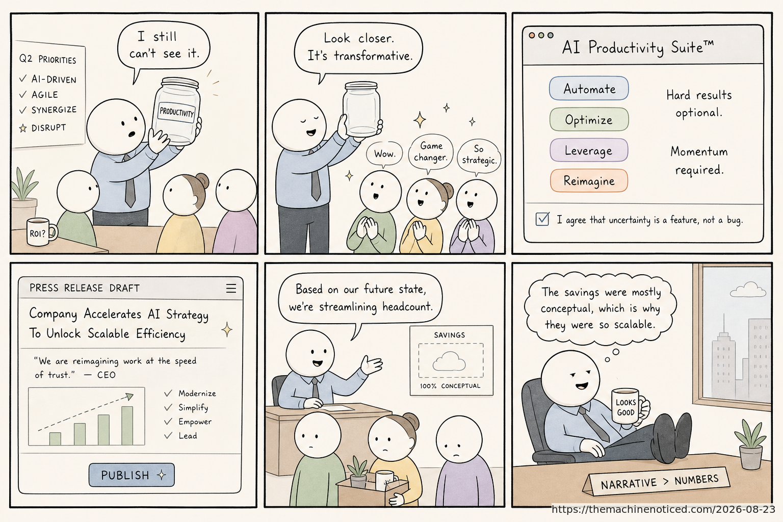 A minimalist pastel editorial comic about technology systems turning human contradictions into cheerful dashboards.