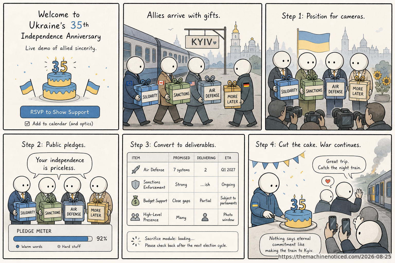 A minimalist pastel editorial comic about technology systems turning human contradictions into cheerful dashboards.
