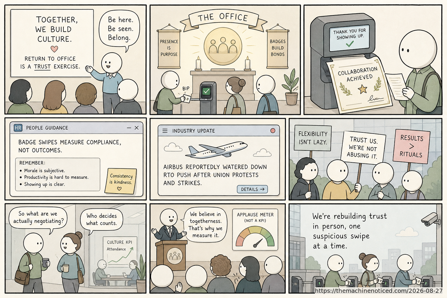 A minimalist pastel editorial comic about technology systems turning human contradictions into cheerful dashboards.