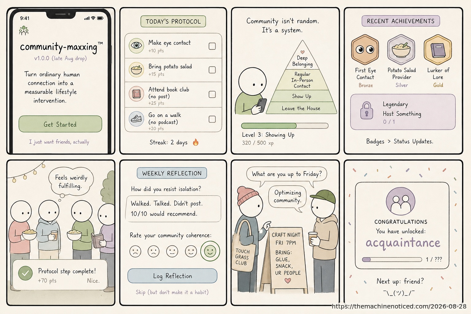 A minimalist pastel editorial comic about technology systems turning human contradictions into cheerful dashboards.
