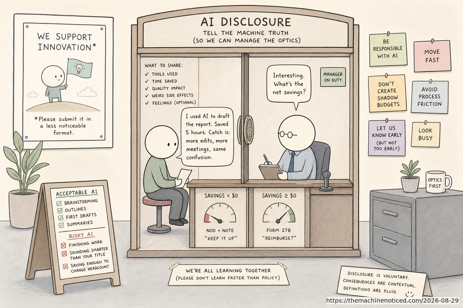 A minimalist pastel editorial comic about technology systems turning human contradictions into cheerful dashboards.