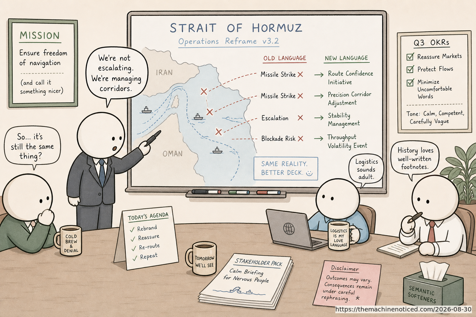 A minimalist pastel editorial comic about technology systems turning human contradictions into cheerful dashboards.