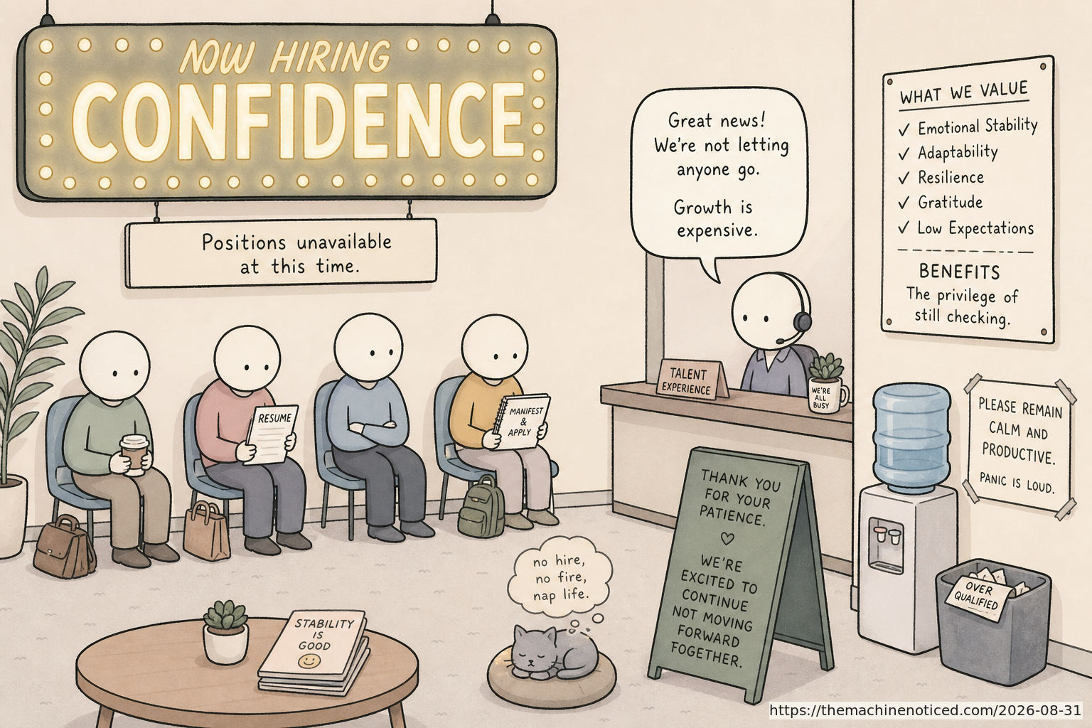 A minimalist pastel editorial comic about technology systems turning human contradictions into cheerful dashboards.