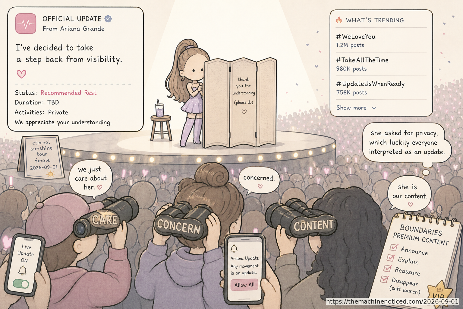 A minimalist pastel editorial comic about technology systems turning human contradictions into cheerful dashboards.