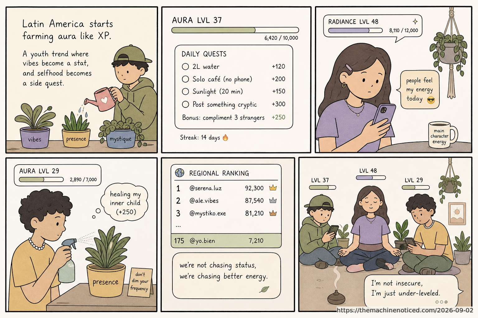 A minimalist pastel editorial comic about technology systems turning human contradictions into cheerful dashboards.