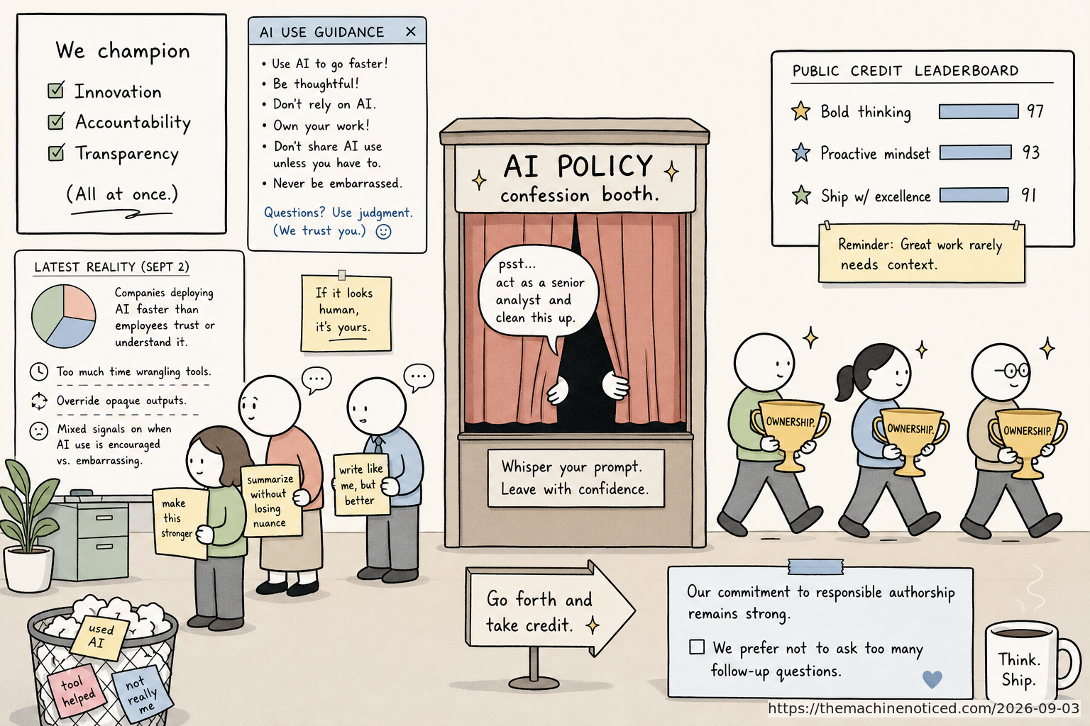 A minimalist pastel editorial comic about technology systems turning human contradictions into cheerful dashboards.