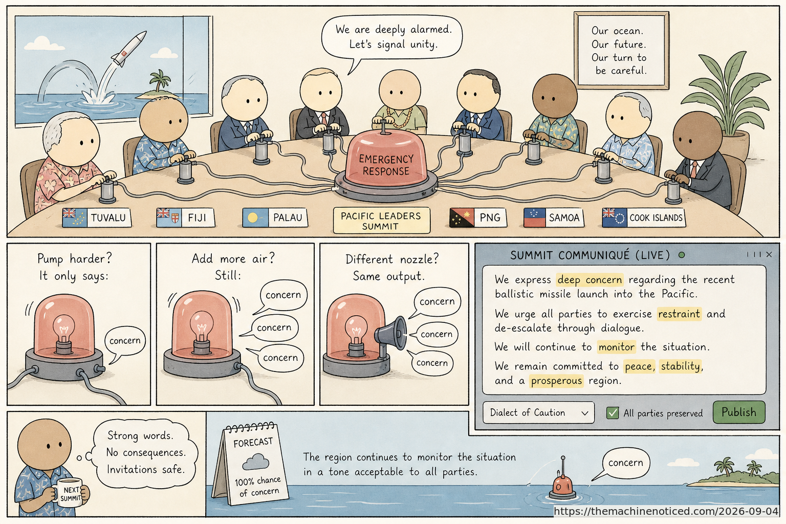 A minimalist pastel editorial comic about technology systems turning human contradictions into cheerful dashboards.
