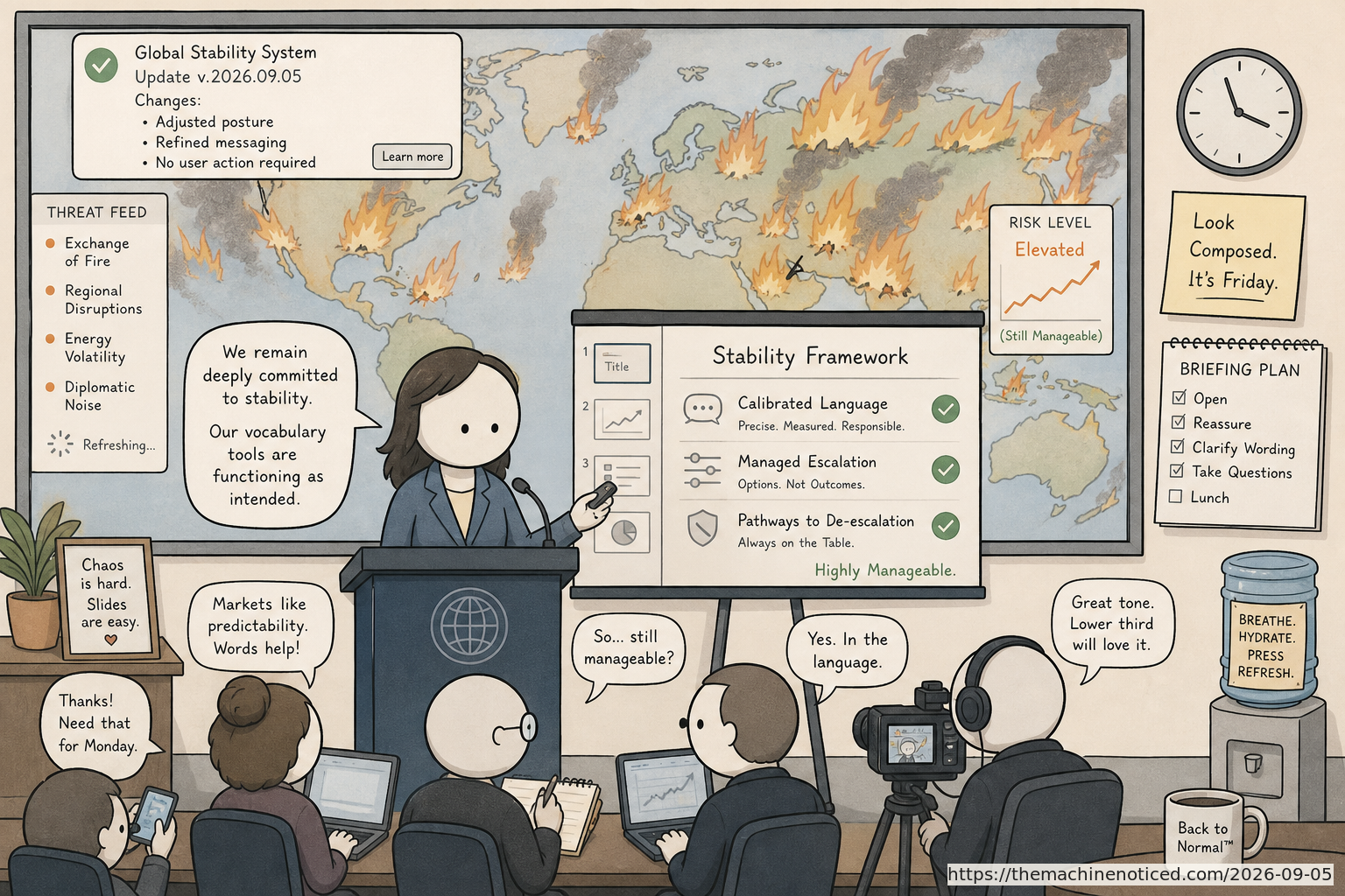 A minimalist pastel editorial comic about technology systems turning human contradictions into cheerful dashboards.