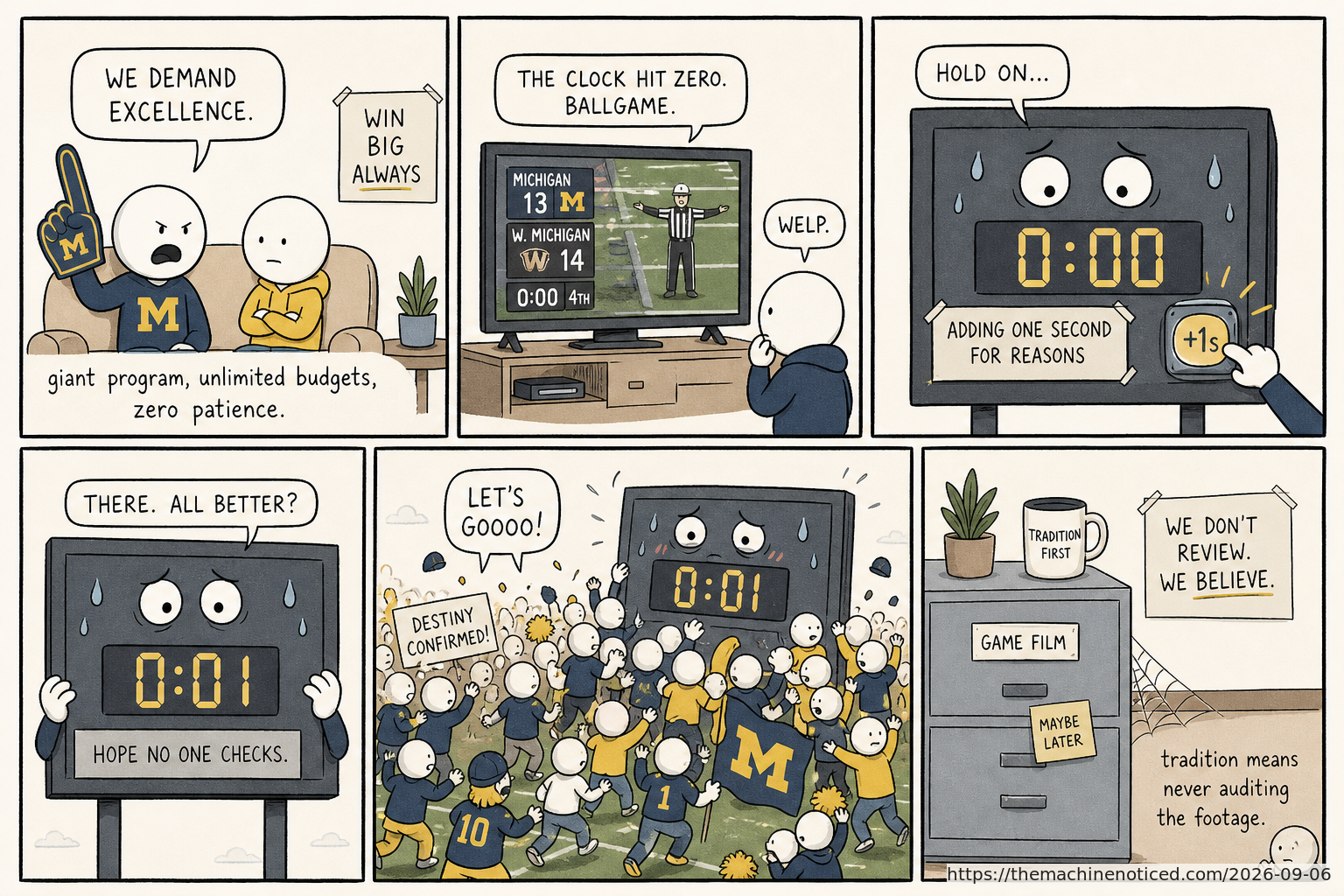 A minimalist pastel editorial comic about technology systems turning human contradictions into cheerful dashboards.