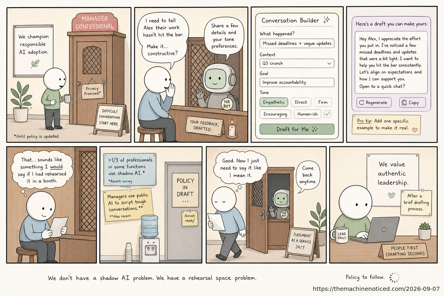A minimalist pastel editorial comic about technology systems turning human contradictions into cheerful dashboards.