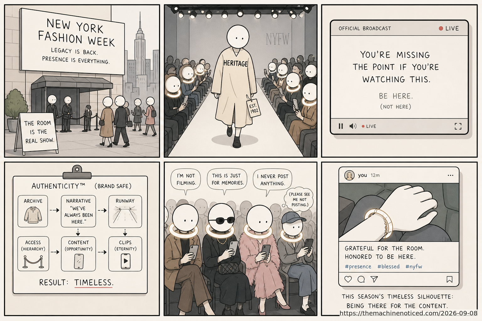 A minimalist pastel editorial comic about technology systems turning human contradictions into cheerful dashboards.