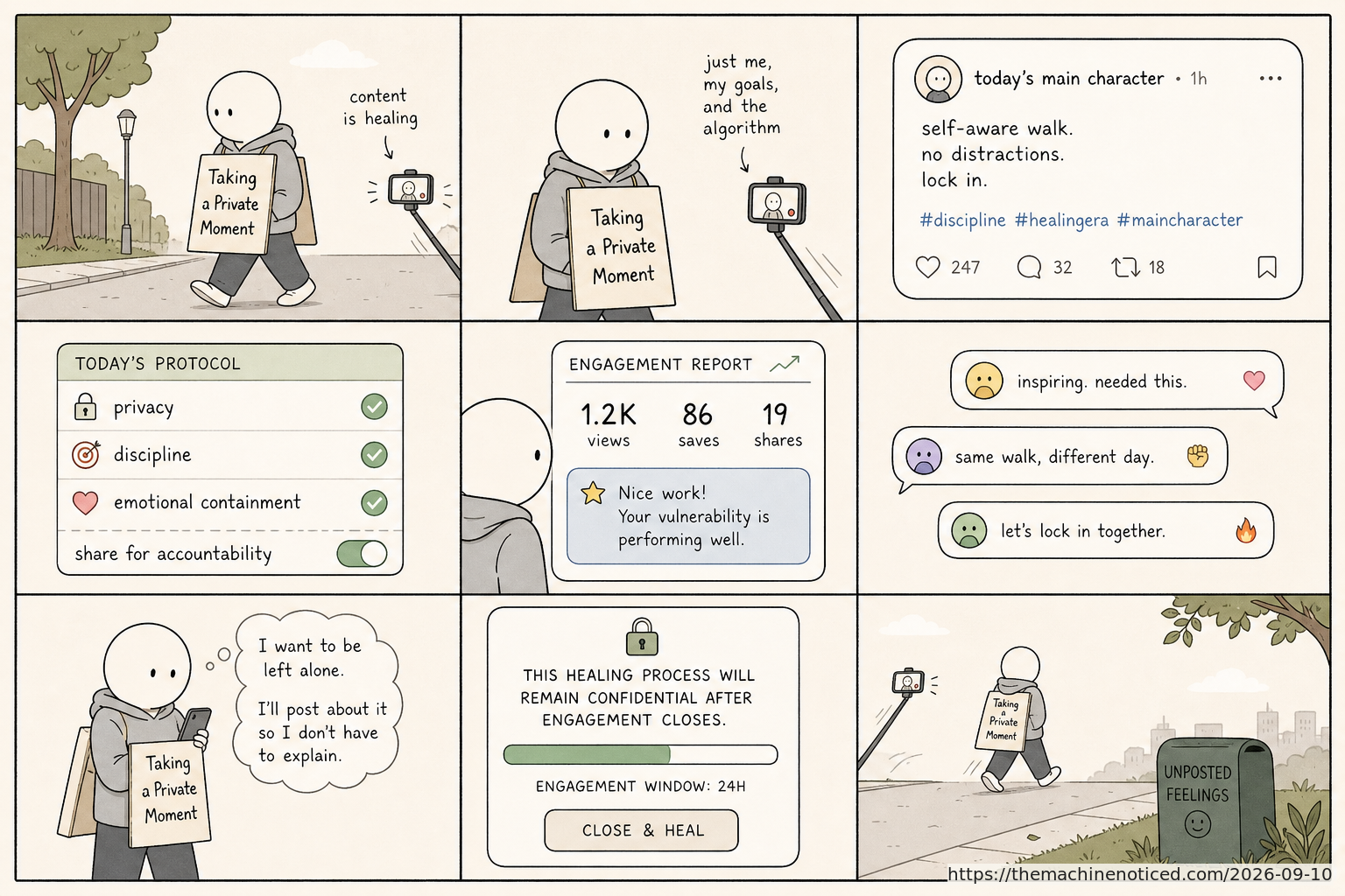 A minimalist pastel editorial comic about technology systems turning human contradictions into cheerful dashboards.