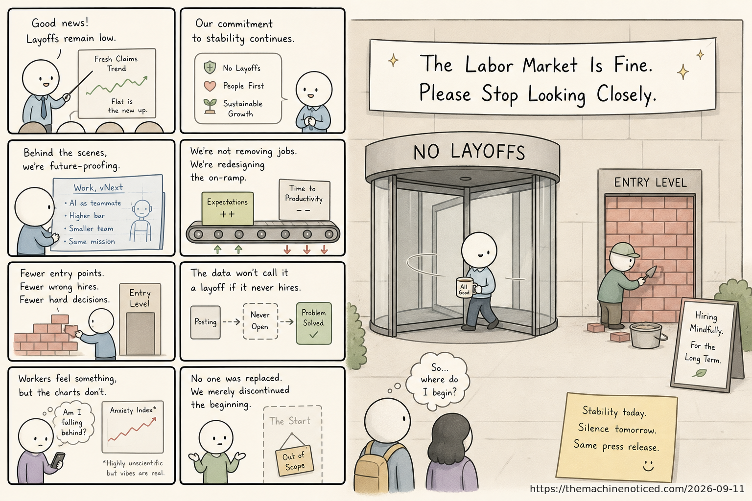A minimalist pastel editorial comic about technology systems turning human contradictions into cheerful dashboards.