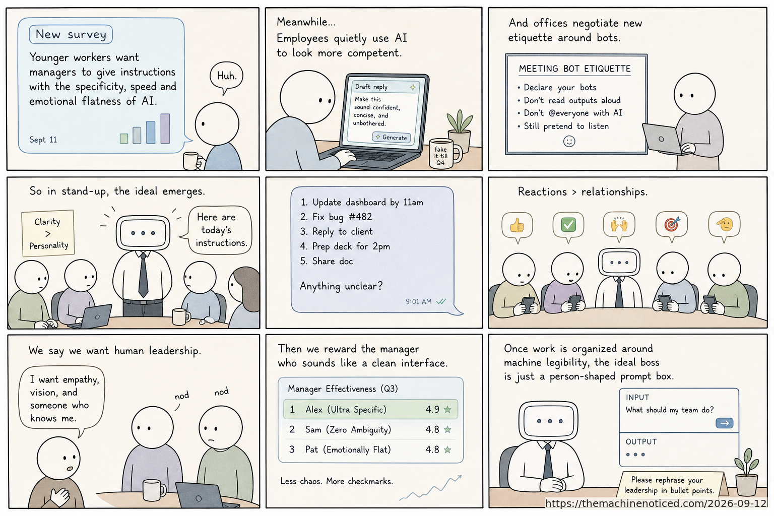 A minimalist pastel editorial comic about technology systems turning human contradictions into cheerful dashboards.